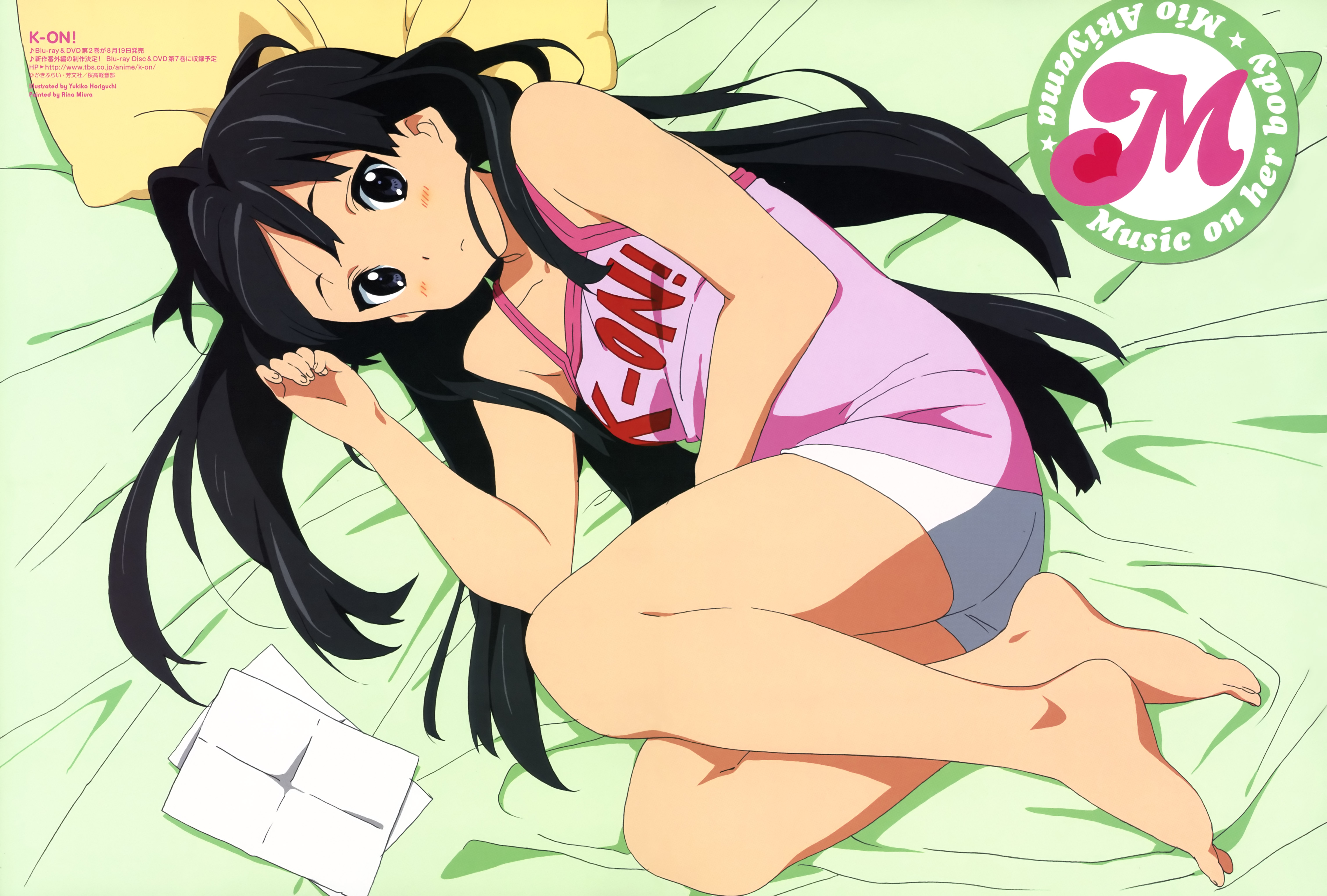 horiguchi yukiko, miura rina, akiyama mio, animage, k-on!, absurdres, highres, official art, scan, 00s, 1girl, barefoot, bed, bed sheet, black eyes, black hair, blue eyes, blush, camisole, casual, feet, female focus, legs, long hair, lying, on side, pillow, short shorts, shorts, solo, tank top, thighs, toenails, toes, very long hair