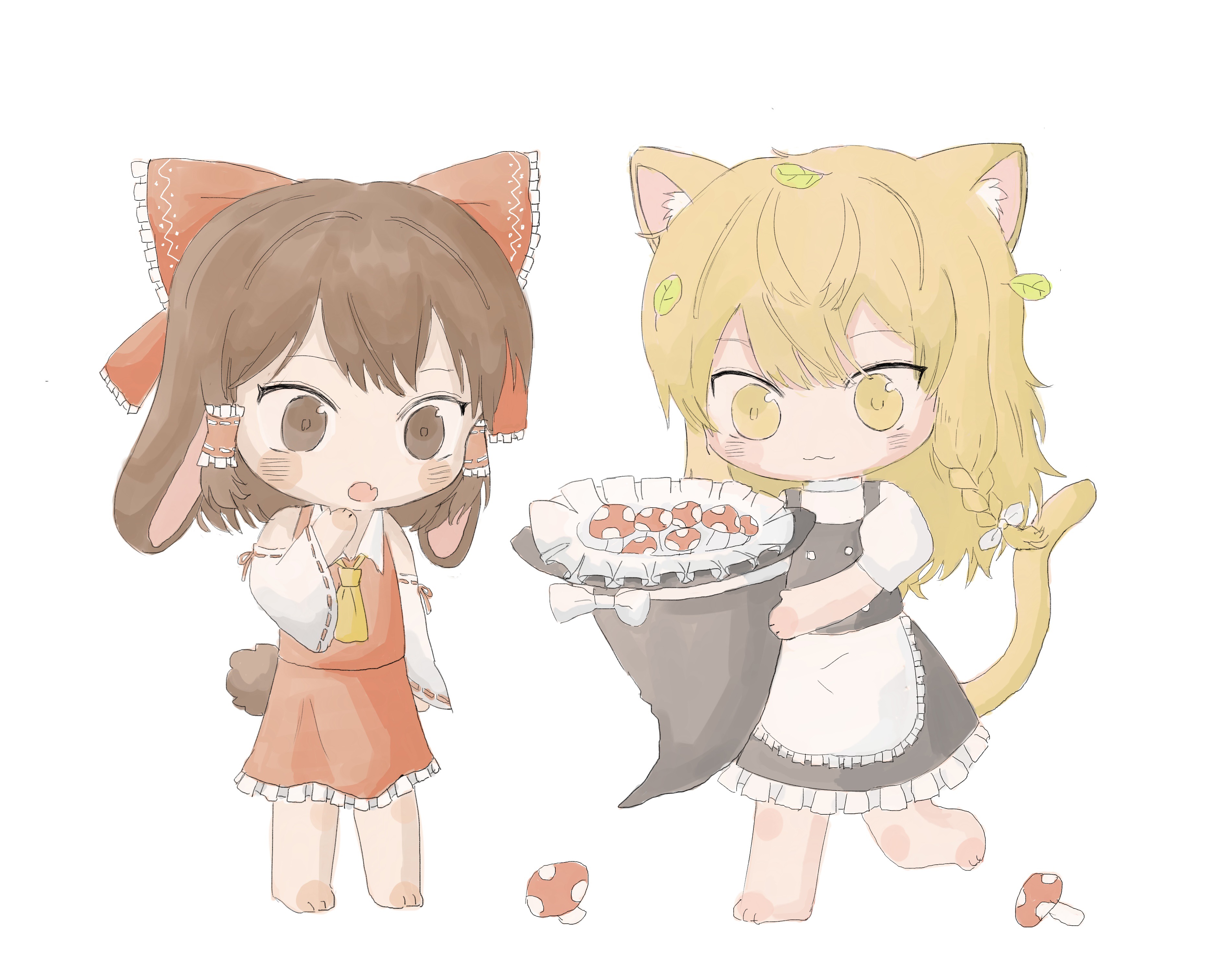 hakurei reimu, kirisame marisa, touhou, absurdres, commentary, highres, symbol-only commentary, 2girls, animal ear fluff, animal ears, apron, ascot, bare arms, bare shoulders, barefoot, black hat, black skirt, black vest, blonde hair, blunt bangs, blush stickers, bow, braid, brown eyes, brown hair, buttons, cat ears, cat girl, cat tail, chibi, closed mouth, collared shirt, detached sleeves, fang, frilled apron, frilled bow, frilled hair tubes, frilled headwear, frilled skirt, frills, frown, hair bow, hair tubes, happy, hat, hat basket, hat bow, holding, holding unworn clothes, holding unworn hat, kemonomimi mode, large bow, leaf, leaf on head, long hair, long sleeves, loose hair strand, lop rabbit ears, medium hair, medium skirt, miaoliang01075, multiple girls, mushroom, open mouth, pleated skirt, puffy short sleeves, puffy sleeves, rabbit ears, rabbit girl, rabbit tail, red bow, red ribbon, red skirt, red vest, ribbon, ribbon-trimmed sleeves, ribbon trim, shirt, short sleeves, simple background, single braid, skin fang, skirt, skirt set, sleeve ribbon, sleeveless, sleeveless shirt, smile, surprised, tail, turtleneck, turtleneck shirt, unworn hat, unworn headwear, vest, waist apron, white apron, white background, white bow, white shirt, white sleeves, wide sleeves, witch hat, yellow ascot, yellow eyes