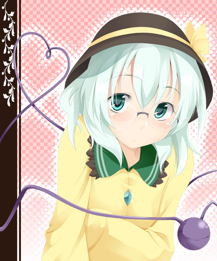 ogami kazuki, komeiji koishi, touhou, silver hair, bad id, bad pixiv id, 1girl, bespectacled, female focus, glasses, green eyes, hat, heart, heart of string, short hair, solo