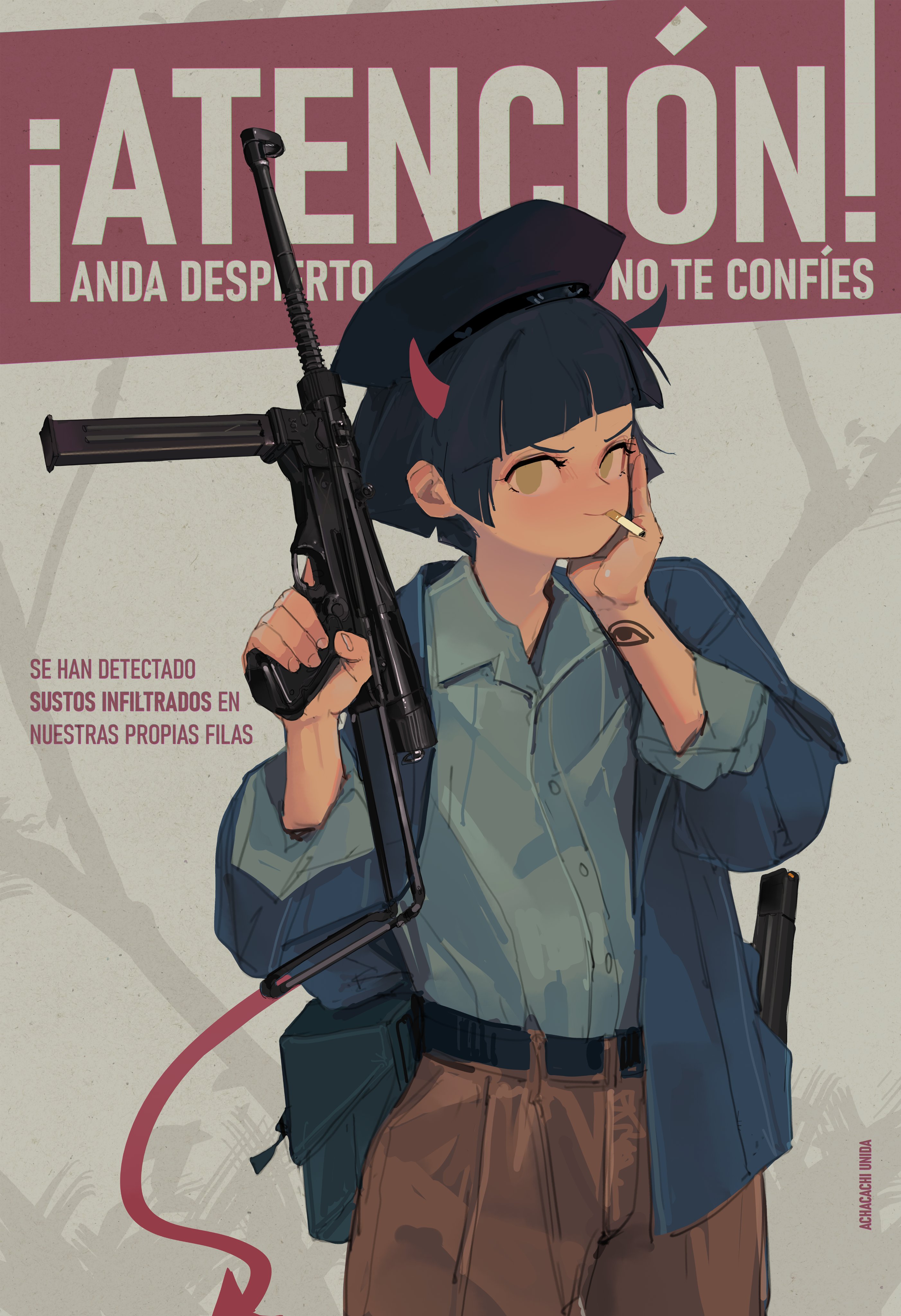 polilla, fulgora (polilla), absurdres, commentary, english commentary, highres, 1girl, belt, beret, black hair, blue jacket, blue shirt, brown pants, cigarette, demon horns, demon tail, green eyes, gun, hand on own face, hat, holding, holding weapon, horns, jacket, looking at viewer, magazine (weapon), pants, polivia, propaganda, shirt, short hair, smile, spanish text, submachine gun, tail, tattoo, vigneron submachine gun, weapon, wrist tattoo