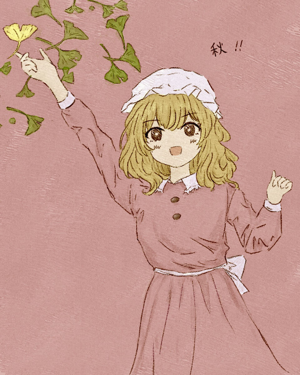 maribel hearn, touhou, highres, translated, 1girl, arm up, autumn, autumn leaves, blonde hair, blush, bow, buttons, clenched hand, collared dress, contrast collar, dress, excited, falling leaves, frilled shirt collar, frills, fushianatan, hair between eyes, happy, hat, leaf, long dress, long sleeves, looking at viewer, medium hair, mob cap, open mouth, purple background, purple dress, sash, sleeve cuffs, solo, standing, white bow, white hat, white sash, yellow eyes