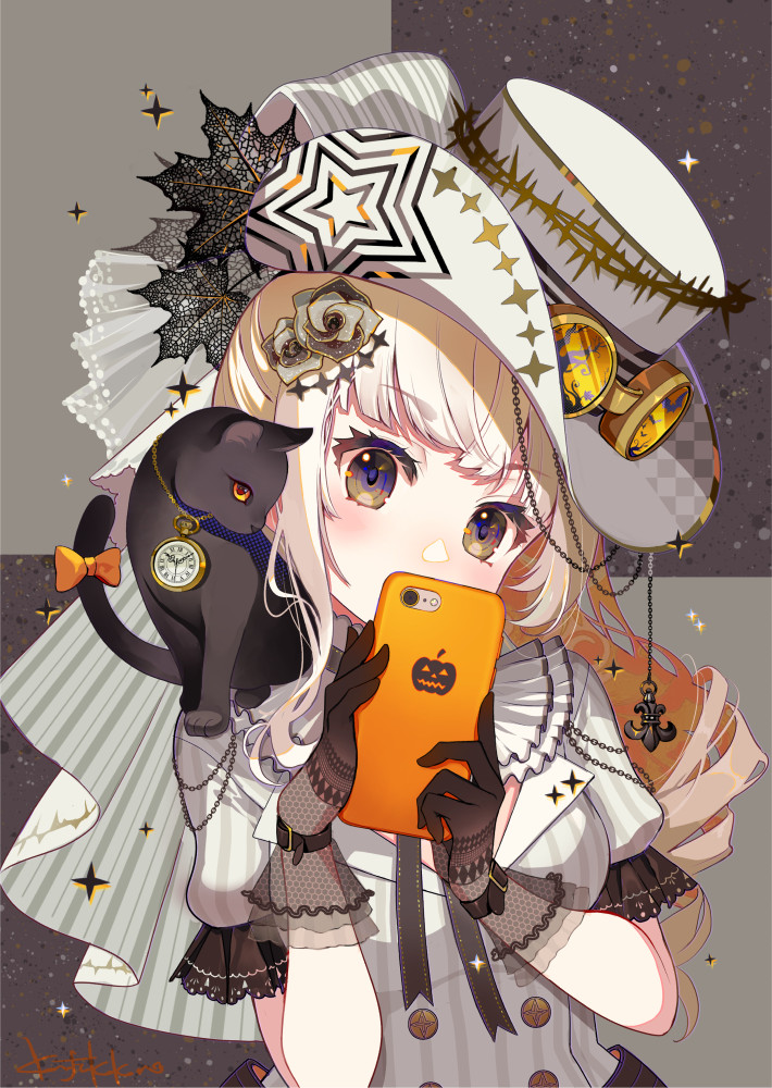 konfuzikokon, original, commentary request, 1girl, animal, animal on shoulder, black cat, black gloves, breasts, brown eyes, brown hair, cat, cellphone, checkered background, covered mouth, flower, gloves, goggles, goggles on headwear, grey flower, grey rose, hair flower, hair ornament, halloween, hat, holding, holding phone, lace, lace gloves, long hair, looking at viewer, phone, puffy short sleeves, puffy sleeves, rose, shirt, short sleeves, small breasts, solo, star (symbol), striped clothes, striped shirt, tilted headwear, upper body, vertical-striped clothes, vertical-striped shirt, white hat, white shirt