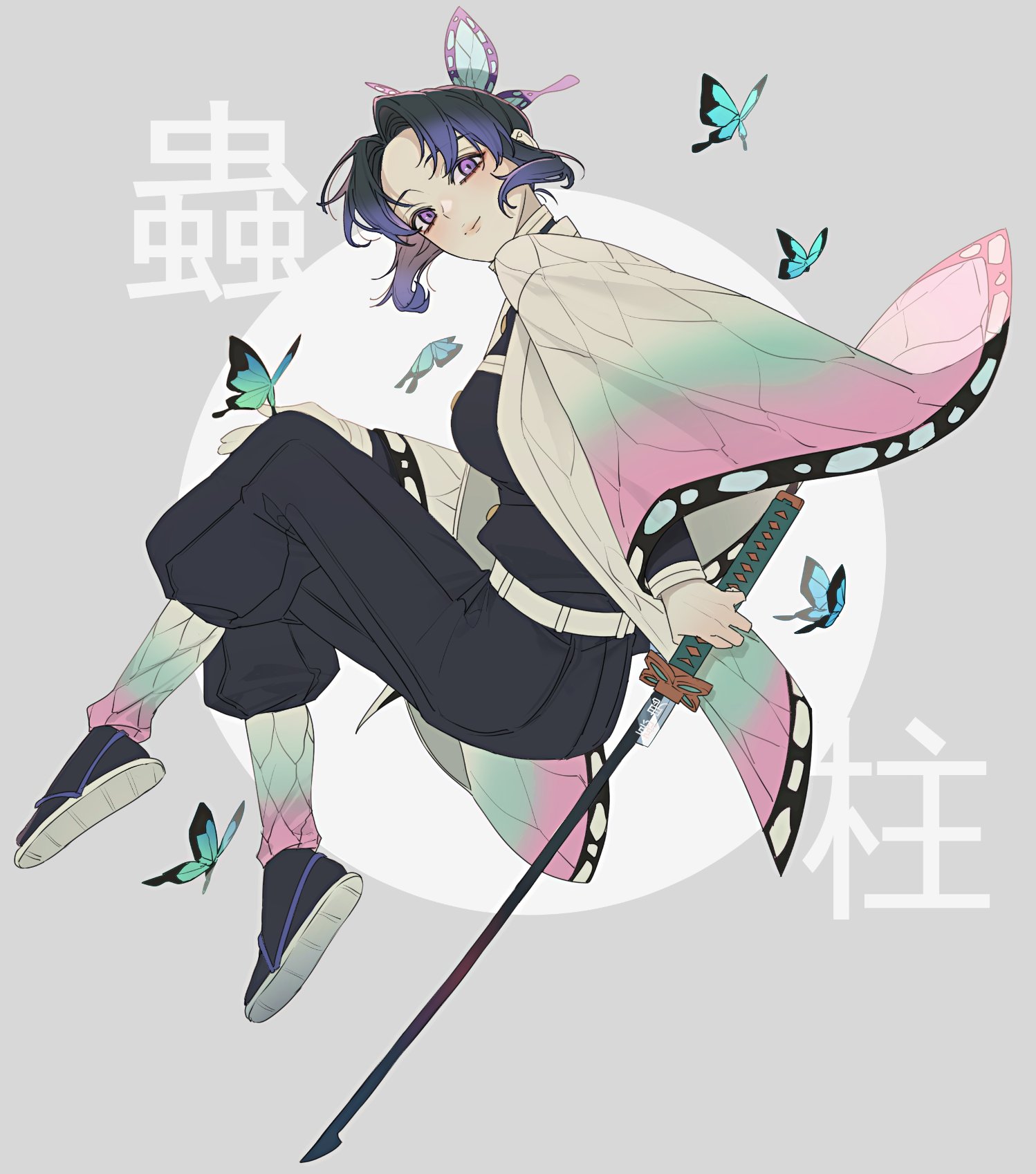kochou shinobu, kimetsu no yaiba, highres, 1girl, animal print, belt, black hair, black jacket, black pants, black socks, blue butterfly, blue hair, breasts, bug, butterfly, butterfly hair ornament, butterfly on hand, butterfly print, butterfly print haori, closed mouth, demon slayer uniform, floating, fpsejr gg, full body, grey background, hair ornament, haori, holding, holding sword, holding weapon, insect, jacket, japanese clothes, light smile, looking at viewer, medium breasts, pants, parted bangs, print haori, purple eyes, sandals, sidelocks, socks, solo, sword, tabi, updo, weapon, white belt