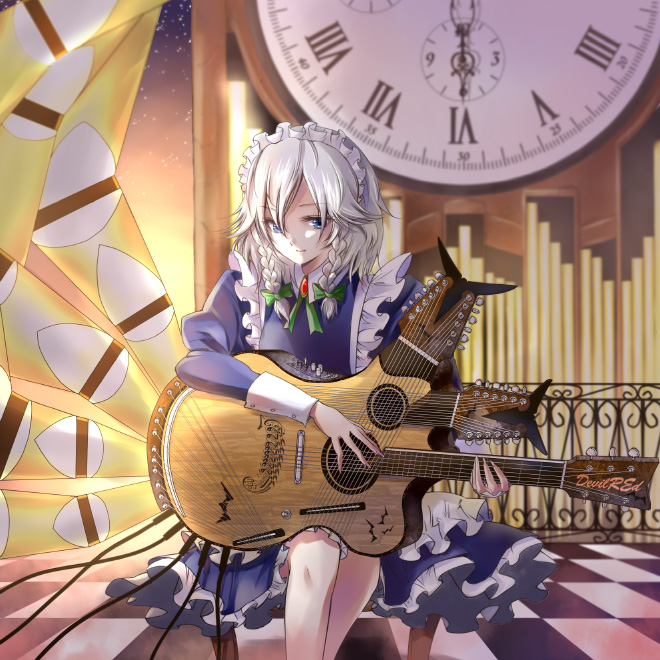 shippori, shishou, izayoi sakuya, touhou, 1girl, acoustic guitar, blue eyes, braid, clock, dress, female focus, grey hair, guitar, hair ribbon, instrument, maid, organ (instrument), pikasso guitar, pipe organ, ribbon, short hair, solo, twin braids, white hair