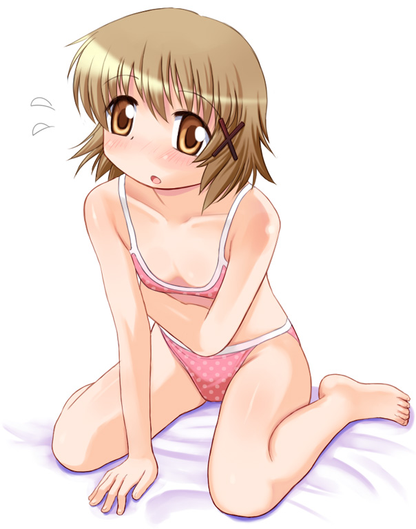 katatsuka kouji, yuno (hidamari sketch), hidamari sketch, breast hold, 00s, barefoot, bed, bikini, blush, breasts, brown eyes, brown hair, feet, flat chest, kneeling, pink bikini, polka dot, polka dot bikini, polka dot swimsuit, sitting, solo, swimsuit, toes, wariza