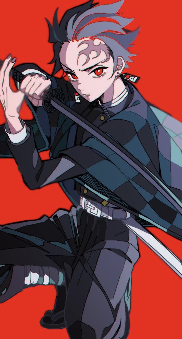 kamado tanjirou, kimetsu no yaiba, commentary request, highres, 1boy, akn3822, belt, black jacket, black pants, black socks, checkered haori, closed mouth, cowboy shot, demon slayer uniform, earrings, fighting stance, furrowed brow, gold buttons, hanafuda earrings, haori, holding, holding sword, holding weapon, jacket, japanese clothes, jewelry, katana, looking at viewer, male focus, on one knee, pants, red background, red eyes, sandals, scar, scar on face, scar on forehead, short hair, socks, solo, sword, tabi, weapon, white belt