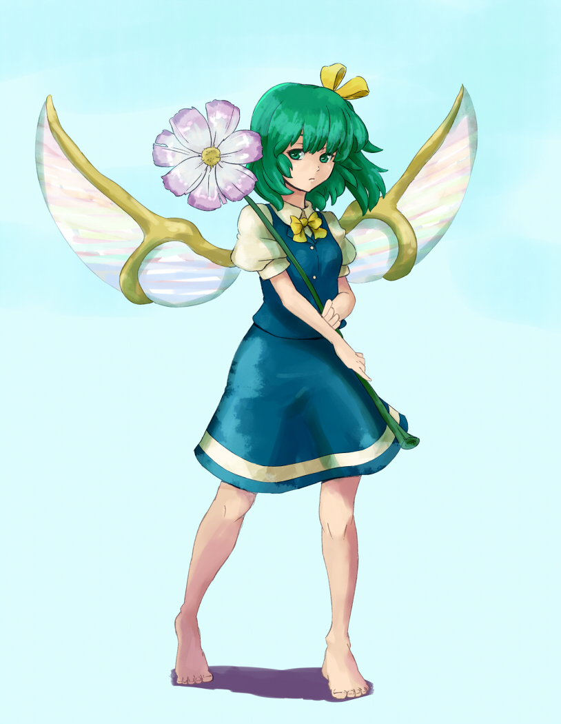 shibasaki shouji, daiyousei, embodiment of scarlet devil, touhou, bad id, bad pixiv id, 1girl, barefoot, female focus, flower, green eyes, green hair, matching hair/eyes, ribbon, simple background, solo, wings