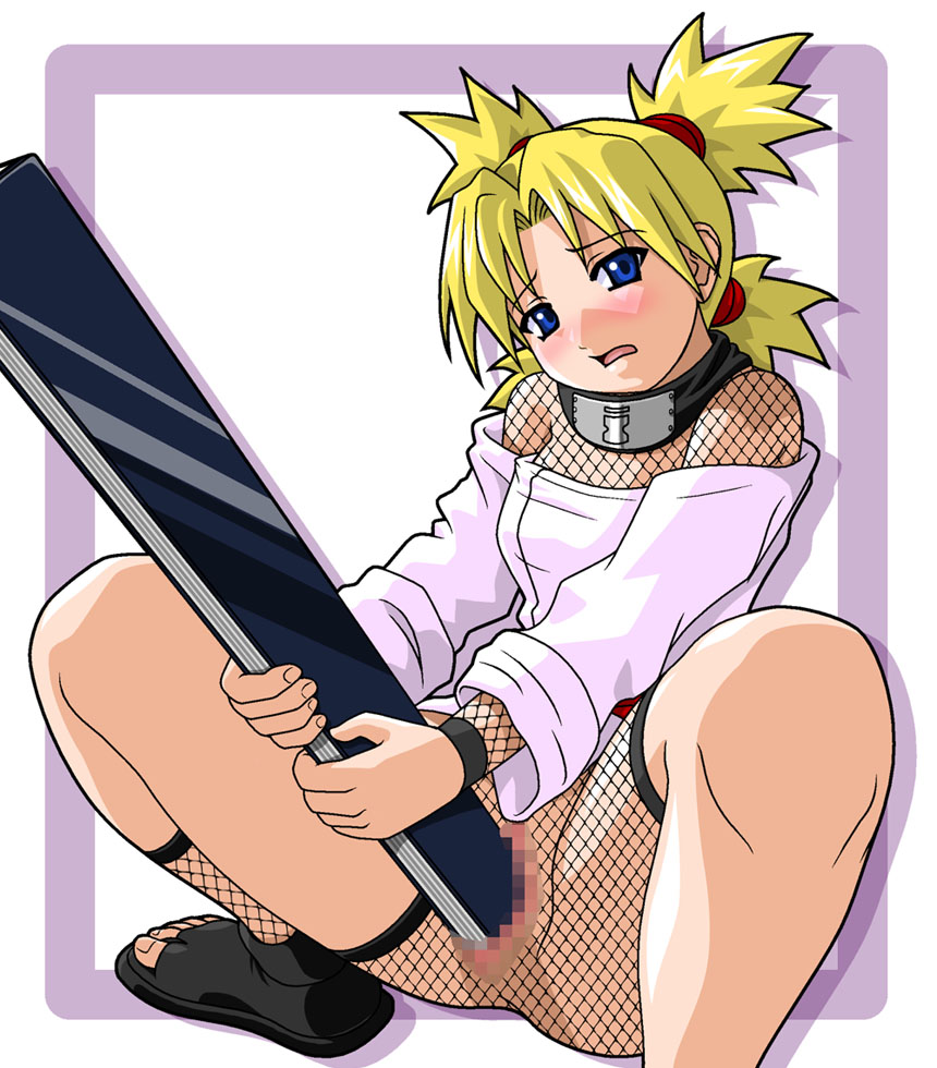 nyoraho mimizuku, temari (naruto), naruto (classic), naruto (series), 1girl, blonde hair, blue eyes, blush, censored, female focus, female masturbation, fishnets, forehead protector, hand fan, looking at viewer, masturbation, mosaic censoring, object insertion, outside border, pussy, quad tails, sandals, scarf, short hair, simple background, sitting, solo, spread legs, unmoving pattern, vaginal, vaginal object insertion, weapon, weapon insertion, white background
