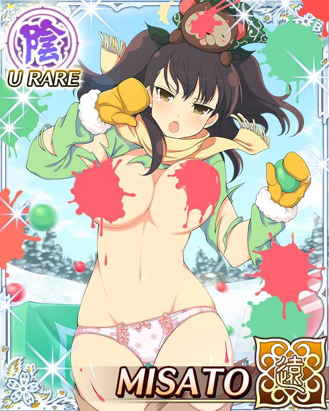 misato (senran kagura), pontarou (senran kagura), senran kagura, senran kagura new wave, game cg, official art, 1girl, :o, ahoge, animal, animal on head, arms up, ball, border, bouncing breasts, breasts, brown eyes, brown hair, cape, card (medium), character name, cleavage, coat, convenient censoring, floral print, floral print panties, green cape, green coat, groin, hair ornament, heart, heart ahoge, holding, holding ball, ink, large breasts, leaf, leaf hair ornament, leaf on head, long hair, looking at viewer, mittens, navel, on head, outdoors, paint, paintball, panties, pink panties, print panties, scarf, short twintails, skindentation, snow, solo, torn clothes, torn coat, twintails, underwear, yellow mittens, yellow scarf