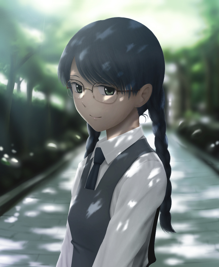 siraha, manjoume fumi, aoi hana, bad id, bad pixiv id, 00s, 1girl, black hair, braid, dappled sunlight, female focus, glasses, long hair, necktie, school uniform, smile, solo, sunlight, twin braids, twintails, vest