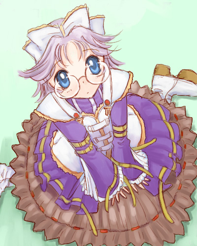 katatsuka kouji, latune subbota, banpresto, super robot wars, light purple hair, lowres, blue eyes, bow, glasses, gothic lolita, hair bow, lolita fashion, solo