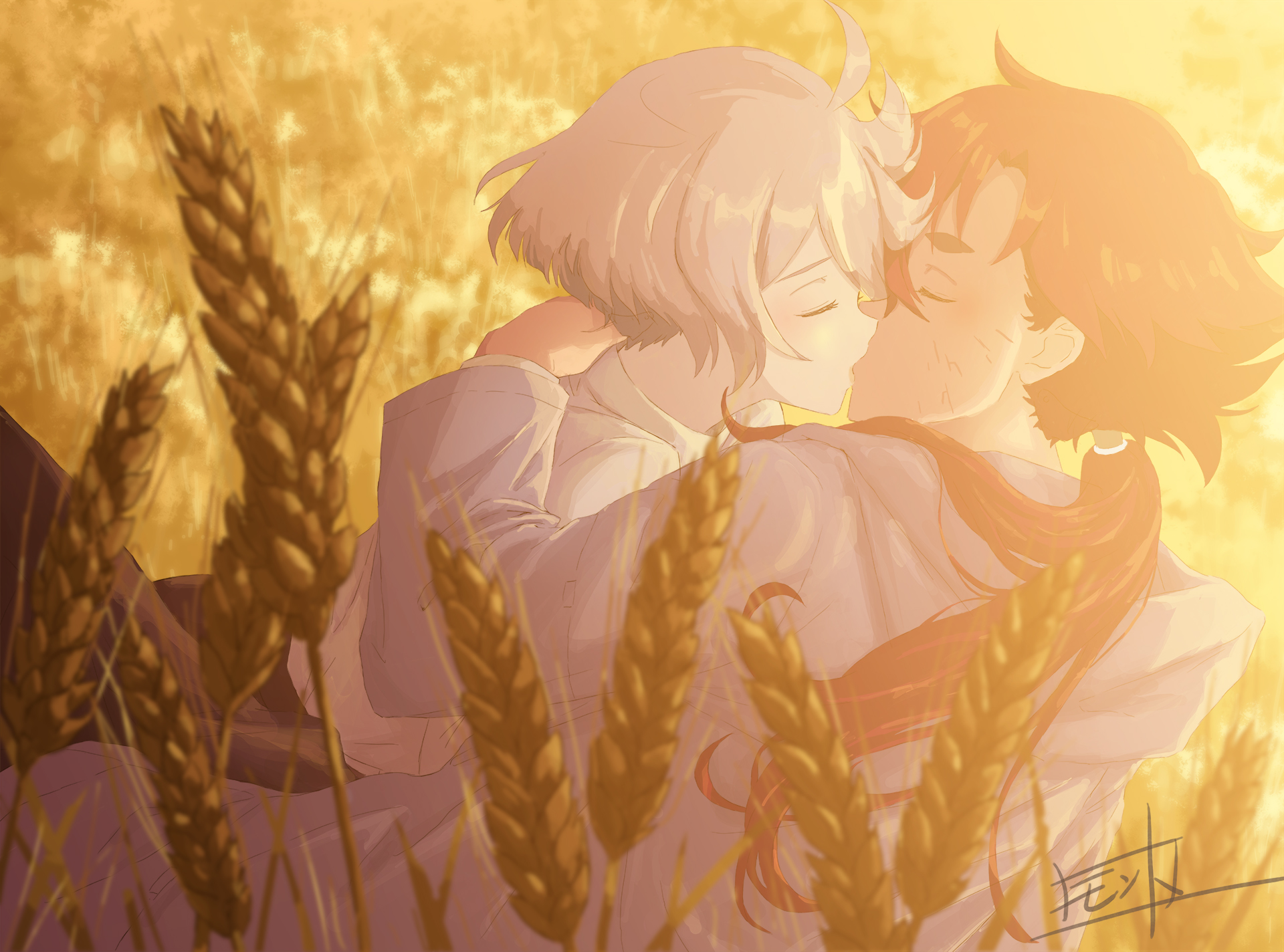 miorine rembran, suletta mercury, gundam, gundam suisei no majo, commentary request, highres, 2girls, artist name, blue jacket, closed eyes, dusk, grey hair, jacket, kiss, long hair, monto (user dmde2437), multiple girls, outdoors, ponytail, red hair, scar, scar on face, shirt, short hair, thick eyebrows, wheat, white shirt, yuri