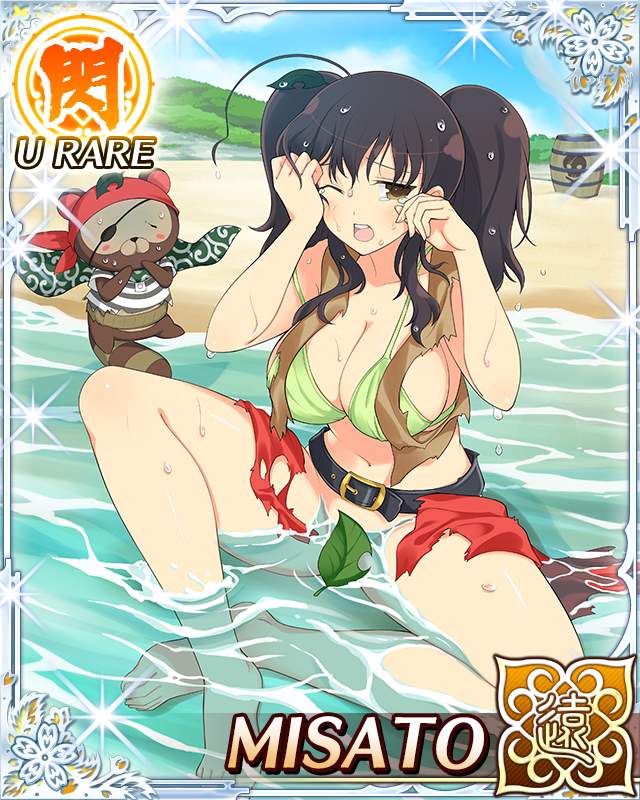 misato (senran kagura), pontarou (senran kagura), senran kagura, senran kagura new wave, game cg, official art, 1girl, ahoge, arms up, bandana, barrel, beach, belt, bikini, bikini top only, border, breasts, brown eyes, brown hair, brown vest, cape, card (medium), censored, character name, cleavage, crying, green bikini, green cape, hair ornament, heart, heart ahoge, large breasts, leaf, leaf hair ornament, leaf on head, long hair, looking at viewer, mosaic censoring, navel, ocean, one eye closed, red bandana, short twintails, sitting, solo, swimsuit, tears, torn bandana, torn vest, twintails, vest, wading, wet, wiping tears
