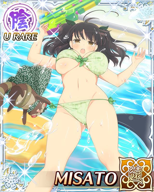 misato (senran kagura), pontarou (senran kagura), senran kagura, senran kagura new wave, game cg, official art, 1girl, :o, ahoge, arms up, bikini, bikini bottom pull, border, breasts, brown eyes, brown hair, cape, card (medium), character name, cleavage, cleavage cutout, clothing cutout, falling, gluteal fold, green bikini, green cape, hair ornament, heart, heart ahoge, holding, holding water gun, large breasts, leaf, leaf hair ornament, leaf on head, long hair, pool, short twintails, solo, string bikini, swim ring, swimsuit, tearing up, twintails, water gun, wet