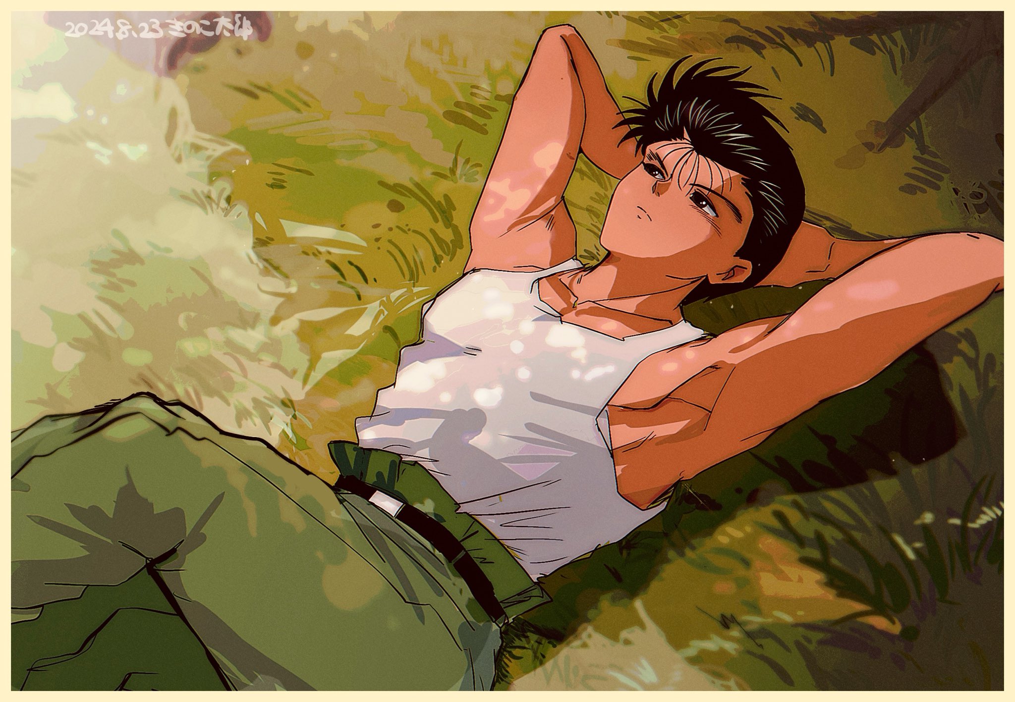 hiei4455, urameshi yuusuke, yuu yuu hakusho, highres, 1boy, armpits, arms behind head, black hair, closed mouth, grass, lying, male focus, on back, outdoors, pants, shirt, short hair, sleeveless, sleeveless shirt, solo, tank top, white tank top