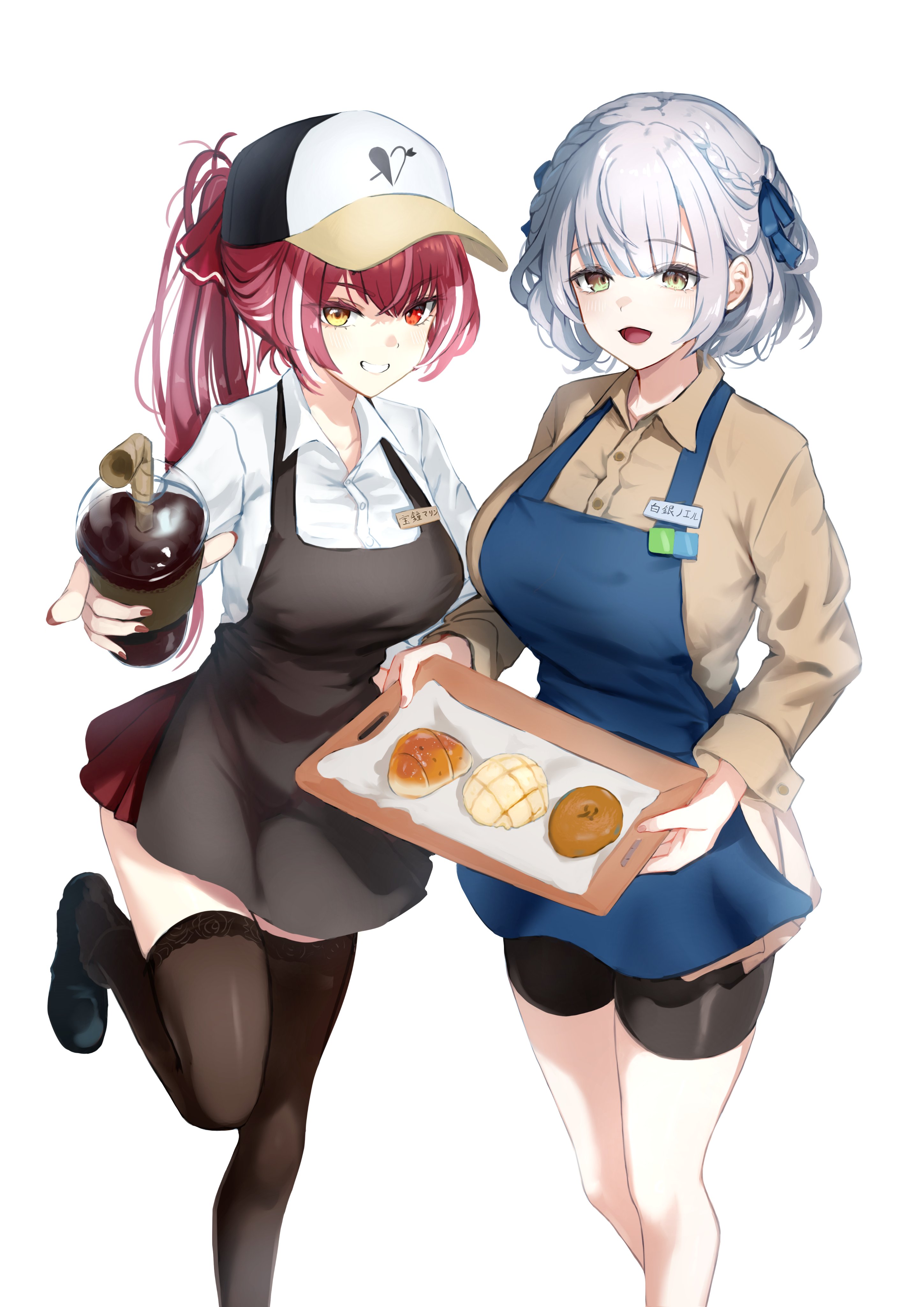 chaciooh, houshou marine, shirogane noel, hololive, 2girls, alternate costume, alternate hairstyle, apron, barista, braid, bread, breasts, curly hair, food, glass, green eyes, hat, heterochromia, huge breasts, large breasts, looking at viewer, multiple girls, name tag, one leg raised, open mouth, pantyhose, pointing, pointing at viewer, ponytail, red hair, shoes, shorts, skirt, smile, straw, teeth, thighhighs, tray, waitress, white background, white hair, yellow eyes