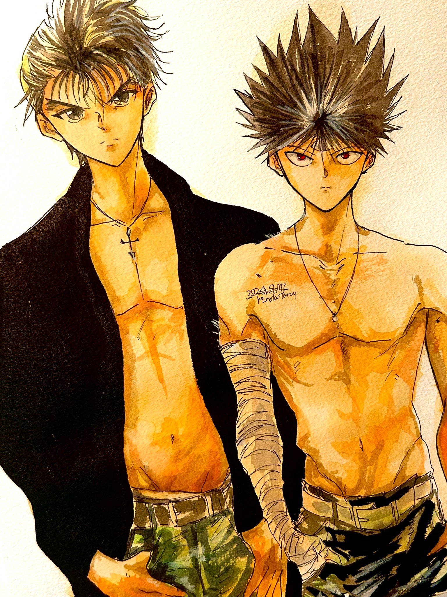 hiei4455, hiei (yu yu hakusho), urameshi yuusuke, yuu yuu hakusho, highres, photo (medium), traditional media, 2boys, bandaged arm, bandages, closed mouth, jewelry, long sleeves, male focus, multiple boys, necklace, open clothes, pants, short hair, spiked hair, topless male, upper body