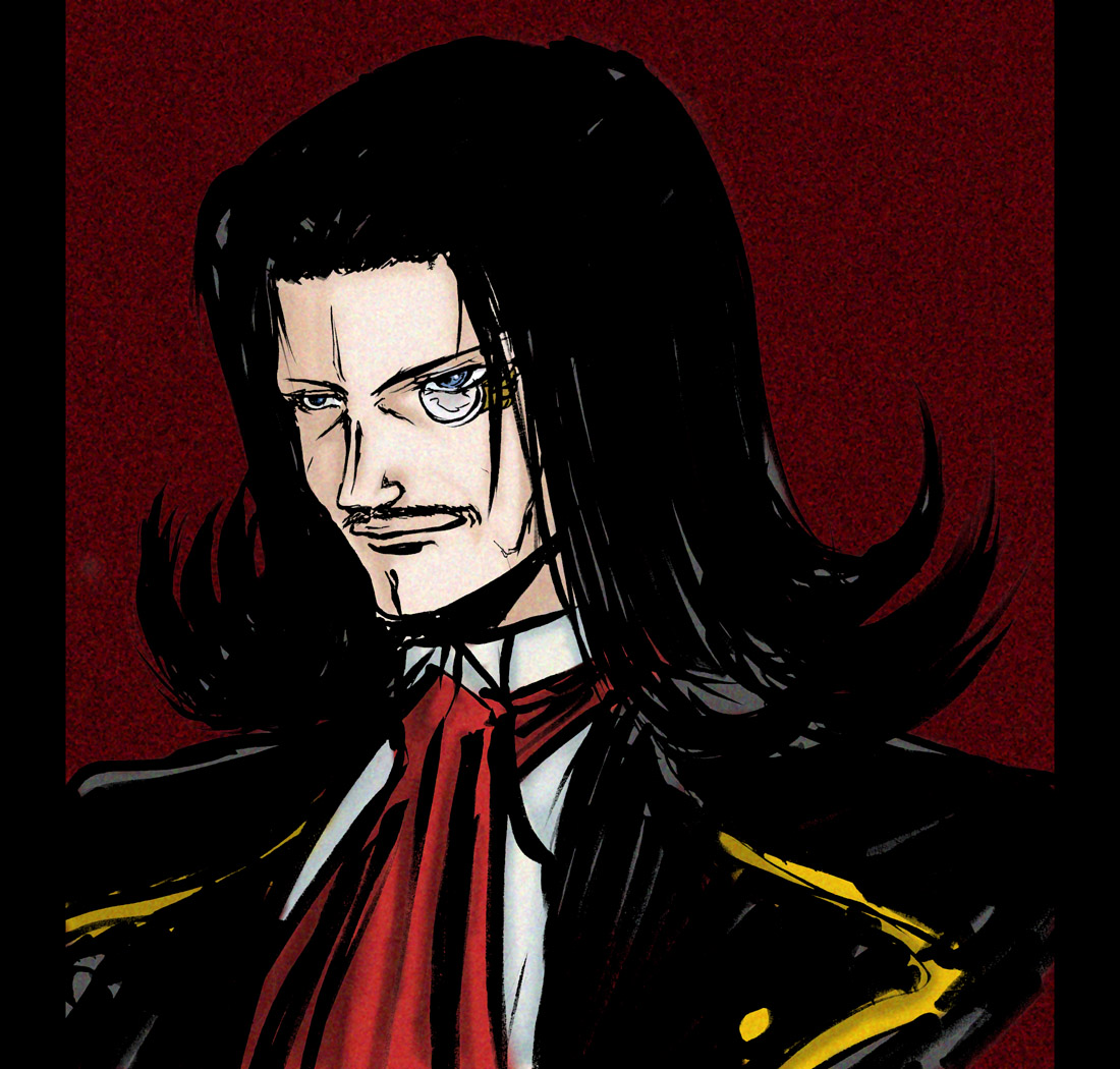 neoamon, ronove (umineko), umineko no naku koro ni, bad id, bad pixiv id, 00s, 1boy, ascot, black hair, blue eyes, facial hair, formal clothes, male focus, monocle, mustache, smile, solo