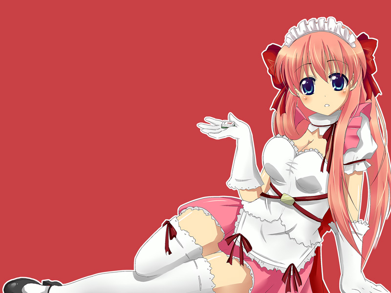 hirano yui, haramura nodoka, saki (manga), bad id, bad pixiv id, 00s, 1girl, blue eyes, blush, board game, bow, breasts, female focus, hair bow, holding, holding mahjong tile, large breasts, long hair, mahjong, mahjong tile, maid, pink hair, ribbon, solo, thighhighs, twintails