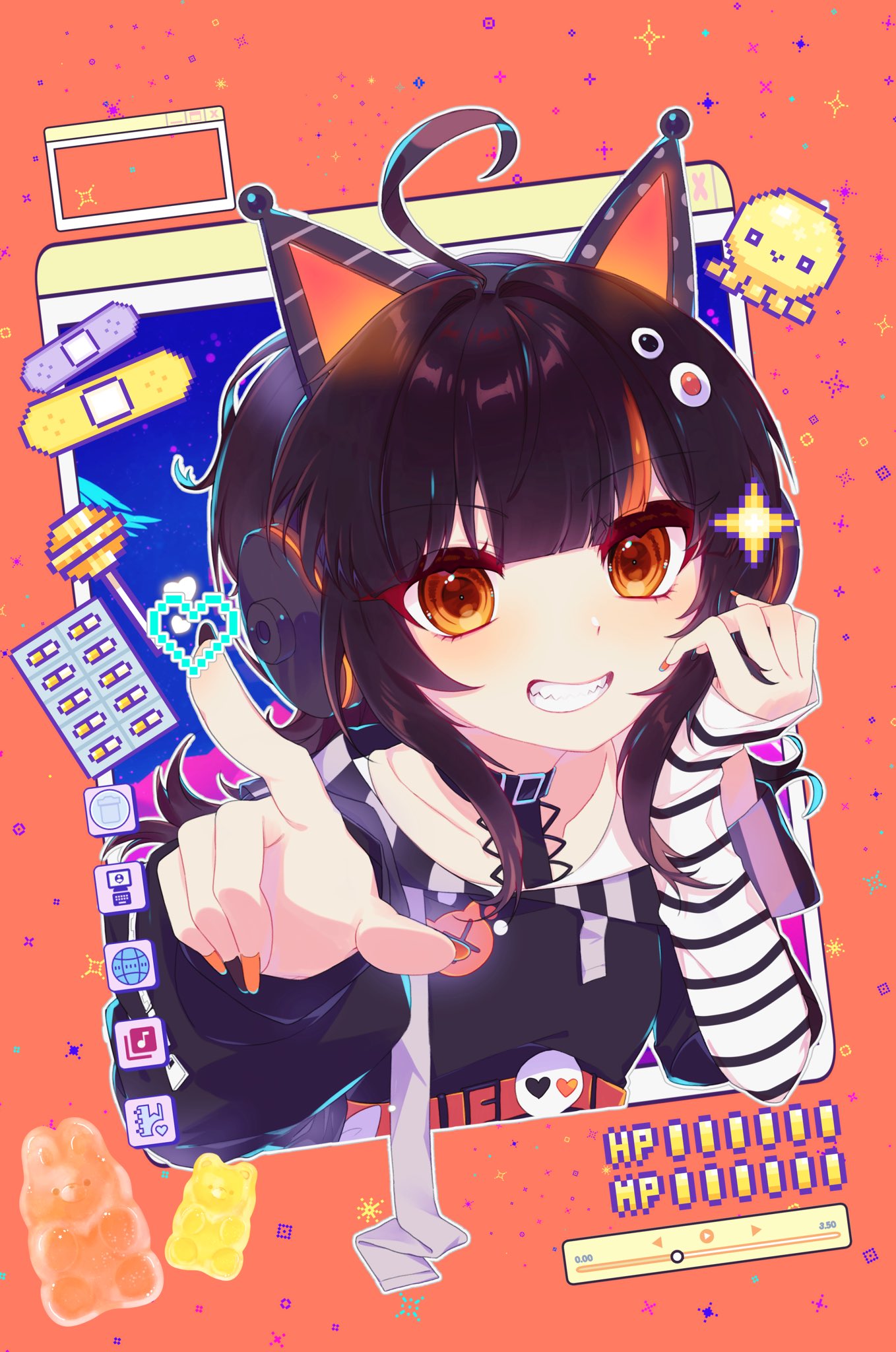 sawatari coco, mahou shoujo no majo saiban, commentary request, highres, 1girl, ahoge, animal ear headphones, animal ears, bandaid, black hair, black sweater, blister pack, candy, cat ear headphones, cat ears, fake animal ears, food, grin, gummy bear, hand on own cheek, hand on own face, headphones, long sleeves, looking at viewer, multicolored hair, octopus, orange eyes, pill, pointing, pointing at viewer, sharp teeth, skull, smile, solo, sparkle, streaked hair, sui is dead, sweater, teeth, upper body, window (computing)