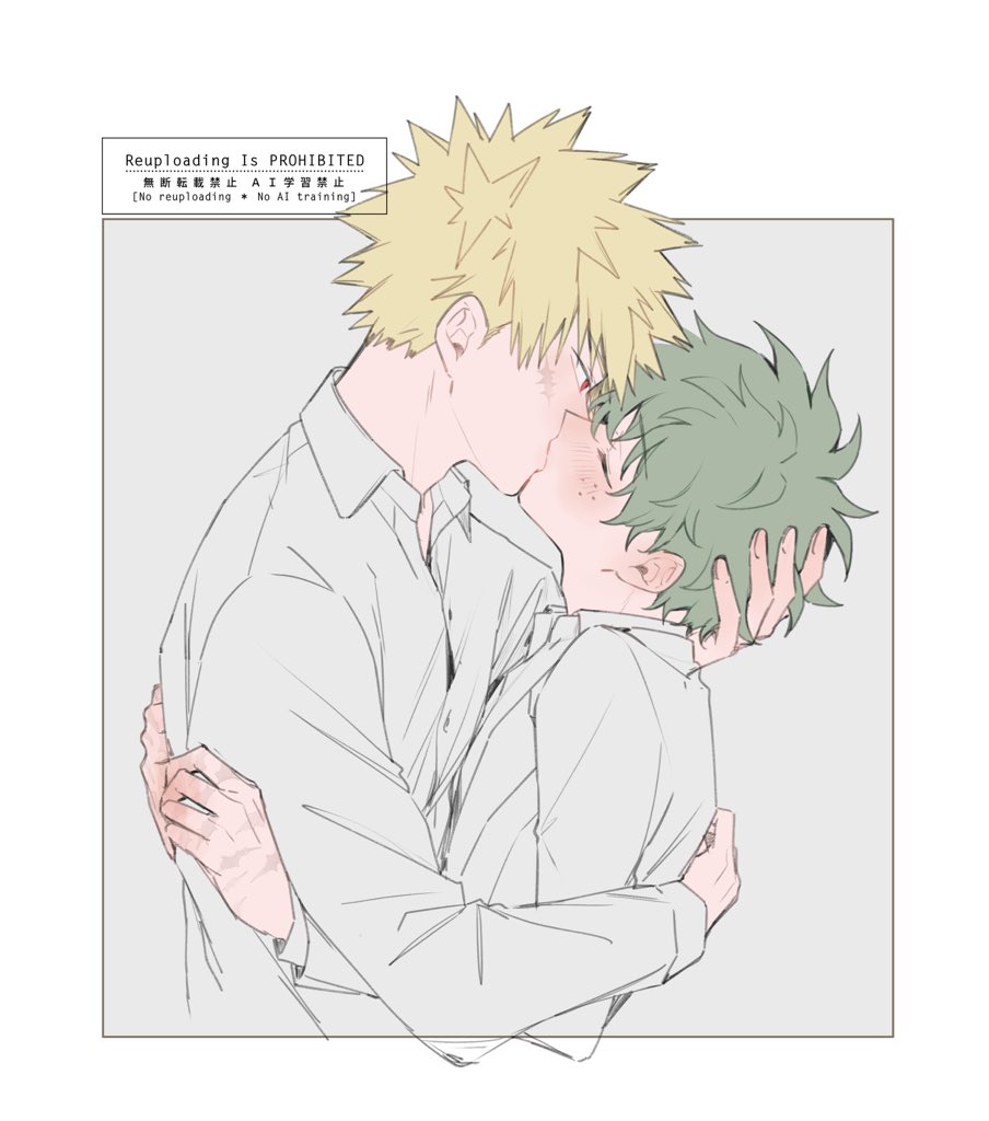 bakugou katsuki, midoriya izuku, boku no hero academia, commentary request, 2boys, arm around back, blonde hair, border, closed eyes, collared shirt, facial scar, freckles, green hair, grey background, grey shirt, hair between eyes, hand in another's hair, hug, kiss, long sleeves, looking at another, male focus, multiple boys, red eyes, scar, scar on cheek, scar on face, scar on hand, shirt, short hair, spiked hair, umsr6210, upper body, white border, yaoi