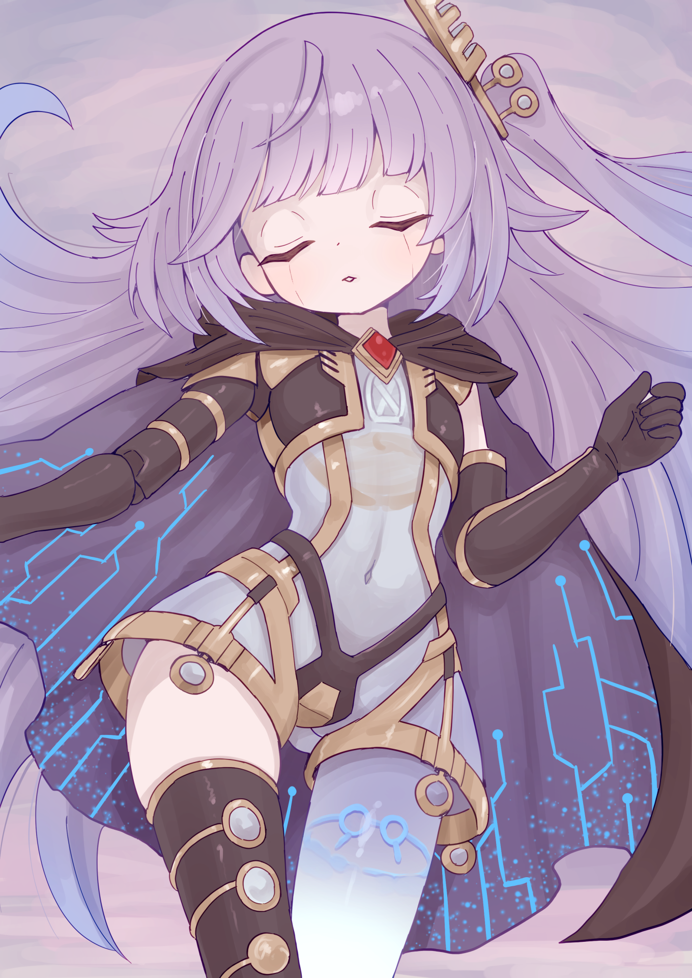 takatsurt, galatea the orcust automaton, ib (yu-gi-oh!), yu-gi-oh!, commentary request, highres, 1girl, black cape, blush, cape, closed eyes, collarbone, duel monster, galatea-i the orcust automaton, humanoid robot, long hair, navel, open mouth, parted lips, purple hair, robot, robot girl, smile