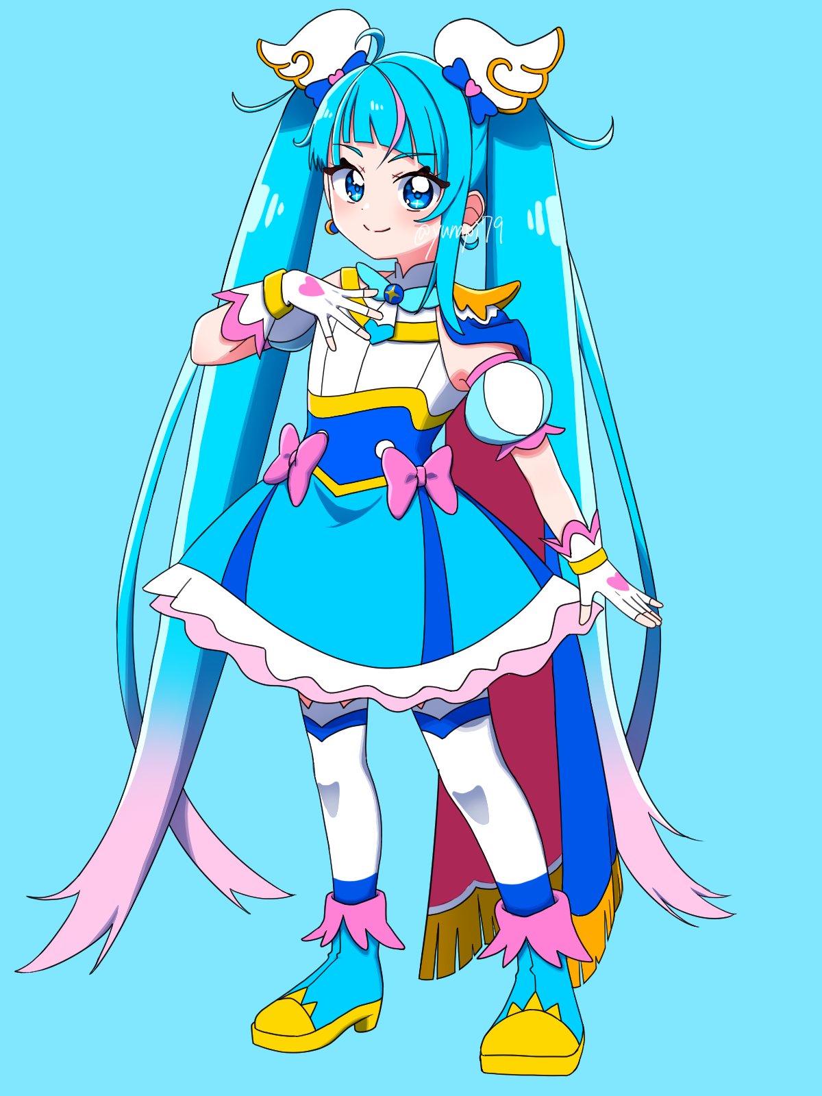 cure sky, sora harewataru, hirogaru sky! precure, precure, commentary, highres, 1girl, ahoge, asymmetrical bangs, blue background, blue boots, blue bow, blue cape, blue dress, blue hair, blue theme, boots, bow, brooch, cape, closed mouth, colored petticoat, cut bangs, detached sleeves, diagonal bangs, dress, dress bow, earrings, fingerless gloves, fringe-trimmed cape, fringe trim, full body, gloves, gradient hair, hair bow, hair ornament, hand on own chest, jewelry, long hair, looking at viewer, magical girl, medium dress, multicolored hair, petticoat, pink bow, pink hair, puffy detached sleeves, puffy sleeves, red cape, simple background, single bare shoulder, single earring, single hair streak, single sidelock, sleeveless, sleeveless dress, smile, solo, split mouth, standing, streaked hair, thighhighs, twintails, twitter username, two-sided cape, two-sided fabric, two-tone dress, two-tone hair, very long hair, white dress, white gloves, white thighhighs, wing brooch, wing hair ornament, yunapi79, zettai ryouiki