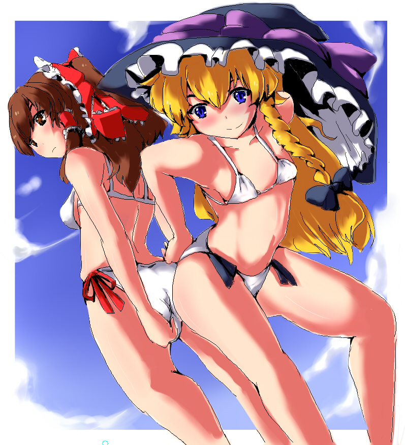 magukappu, hakurei reimu, kirisame marisa, touhou, 2girls, armpits, bikini, blonde hair, blue eyes, blush, braid, brown hair, female focus, flat chest, from below, hat, long hair, multiple girls, perspective, red eyes, side-tie bikini bottom, smile, standing, swimsuit, witch, witch hat