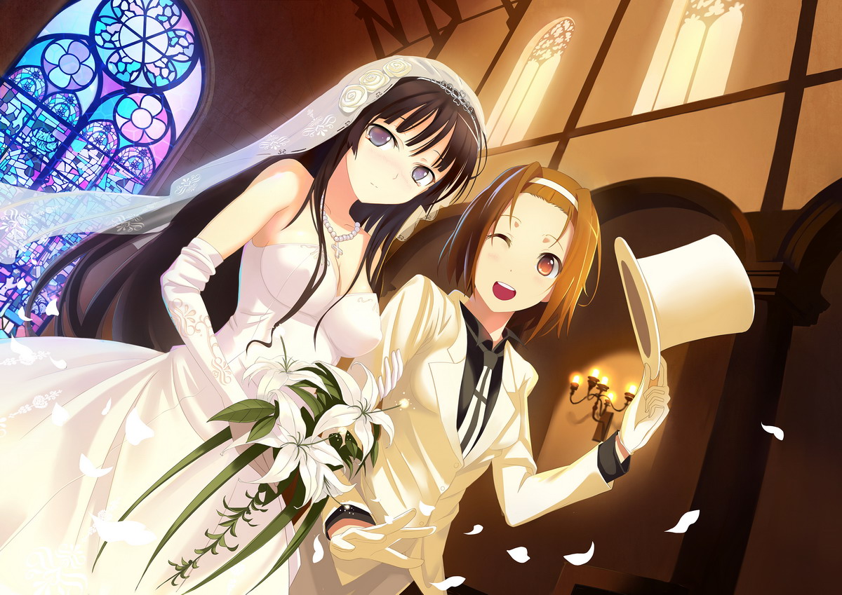 yunohara konomi, akiyama mio, tainaka ritsu, k-on!, 00s, 2girls, bare shoulders, black eyes, black hair, blunt bangs, blush, bouquet, breasts, bride, brown hair, church, cleavage, couple, cross, dress, dutch angle, elbow gloves, flower, formal clothes, gloves, hairband, happy, hat, hat tip, hime cut, jewelry, light smile, lily (flower), long hair, medium breasts, multiple girls, necklace, one eye closed, open mouth, pant suit, pants, pearl necklace, round teeth, short hair, smile, stained glass, strapless, strapless dress, suit, teeth, top hat, wedding, wedding dress, white gloves, wife and wife, wink, yuri