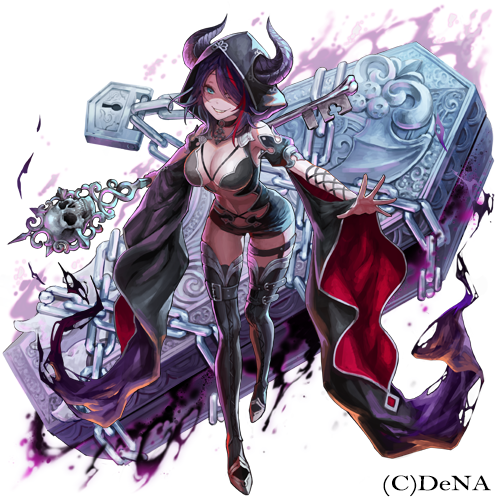 okuma mai, nergal, character request, copyright request, 1girl, aura, breasts, buckle, chain, chained, coffin, copyright name, enegry, floating object, floating weapon, full body, hood, hoodie, horns, huge weapon, key, large breasts, latex, lock, necromancer, one eye covered, padlock, purple eyes, sarcophagus, shorts, skull, skull ornament, sleeves past wrists, smile, staff, thighhighs, weapon, white background