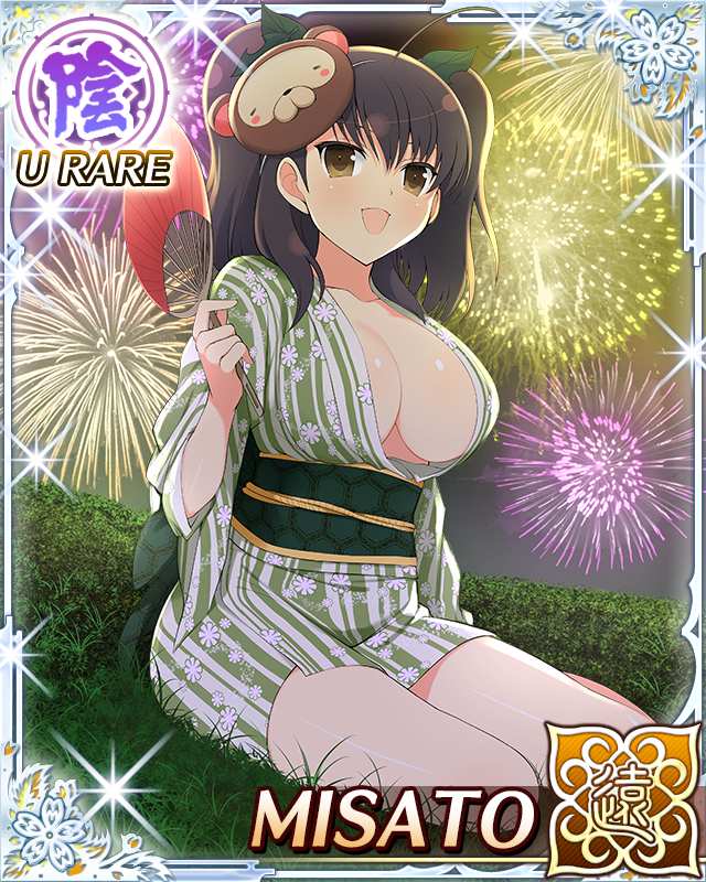 misato (senran kagura), pontarou (senran kagura), senran kagura, senran kagura new wave, game cg, official art, 1girl, :d, aerial fireworks, ahoge, border, breasts, brown eyes, brown hair, card (medium), character name, cleavage, festival, fireworks, floral print, floral print kimono, green kimono, hair ornament, hand fan, heart, heart ahoge, holding, holding fan, japanese clothes, kimono, large breasts, leaf, leaf hair ornament, leaf on head, long hair, looking at viewer, mask, mask on head, night, night sky, no bra, open clothes, open kimono, open mouth, paper fan, print kimono, short kimono, short twintails, sitting, sky, smile, solo, summer festival, twintails, uchiwa