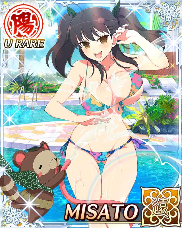 misato (senran kagura), pontarou (senran kagura), senran kagura, senran kagura new wave, game cg, official art, 1girl, :d, ahoge, arms up, bikini, blue bikini, border, bouncing breasts, breasts, brown eyes, brown hair, cape, card (medium), character name, cleavage, floral print, floral print bikini, gluteal fold, green cape, groin, hair ornament, heart, heart ahoge, hose, large breasts, leaf, leaf hair ornament, leaf on head, long hair, looking at viewer, navel, open mouth, pool, poolside, print bikini, short twintails, smile, solo, splashing, spraying, swimsuit, teeth, twintails, upper teeth only, water, wet