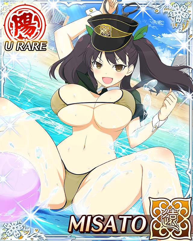 misato (senran kagura), senran kagura, senran kagura new wave, game cg, official art, 1girl, :d, ahoge, ball, beach, beachball, bikini, black necktie, border, breasts, brown bikini, brown eyes, brown hair, card (medium), character name, cleavage, cuffs, detached collar, green shrug, hair ornament, handcuffs, hat, heart, heart ahoge, holding, holding handcuffs, large breasts, leaf, leaf hair ornament, leaf on head, long hair, looking at viewer, navel, necktie, ocean, open mouth, police, police hat, police uniform, policewoman, short twintails, shrug (clothing), sitting, smile, solo, splashing, spread legs, swimsuit, twintails, wading, wrist cuffs