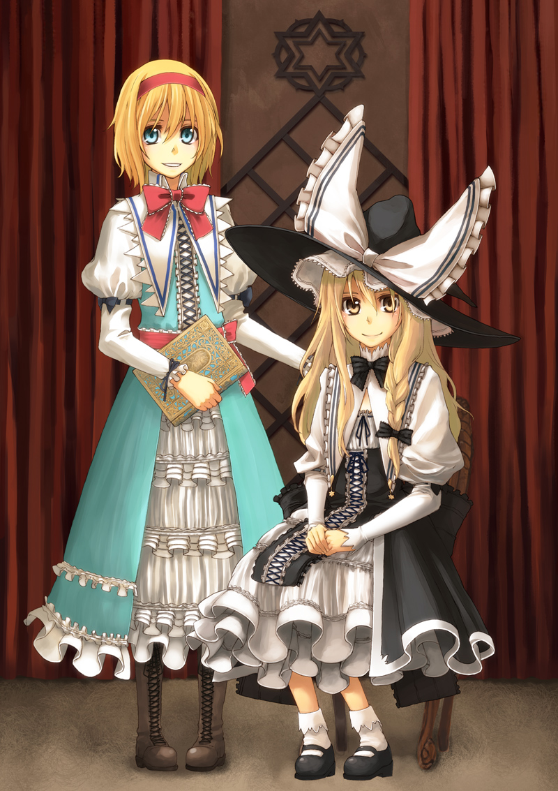 hakui ami, alice margatroid, kirisame marisa, touhou, 2girls, blonde hair, blue eyes, book, boots, braid, chair, embellished costume, female focus, hairband, hat, long hair, mary janes, multiple girls, shoes, short hair, sitting, witch, witch hat, yellow eyes