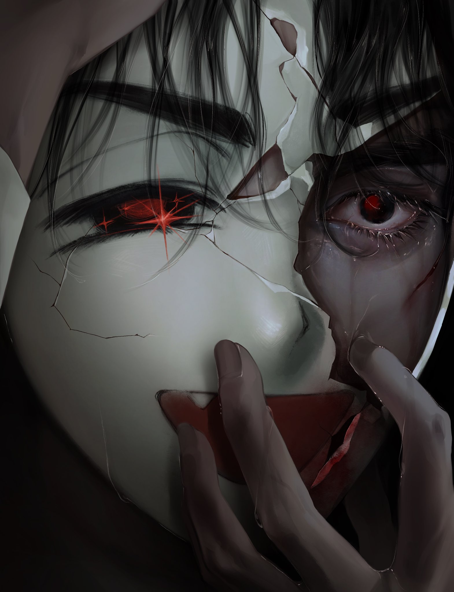 x ssung, ivan (alien stage), alien stage, highres, 1boy, black eyes, black hair, blood, cracked kawaii mask, cracked mask, fang, hand on own face, injury, male focus, red pupils, smile, solo