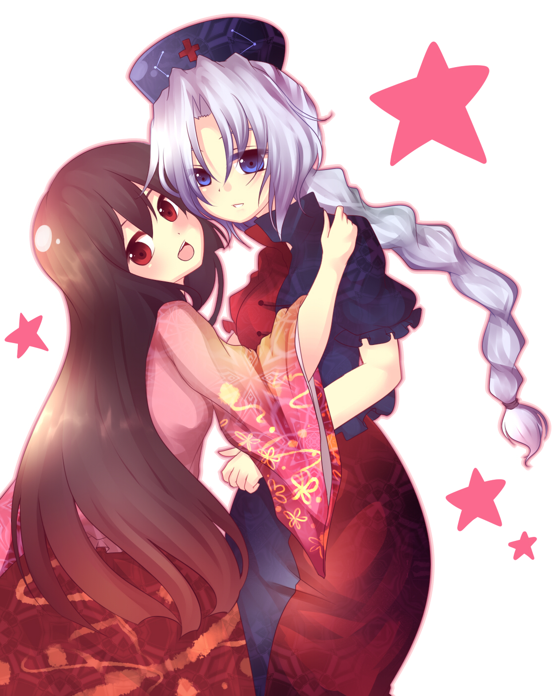 uranaishi (miraura), houraisan kaguya, yagokoro eirin, touhou, silver hair, bad id, bad pixiv id, highres, 2girls, blue eyes, braid, brown hair, female focus, hat, long hair, looking back, multiple girls, open mouth, red eyes, simple background, single braid, smile, star (symbol)
