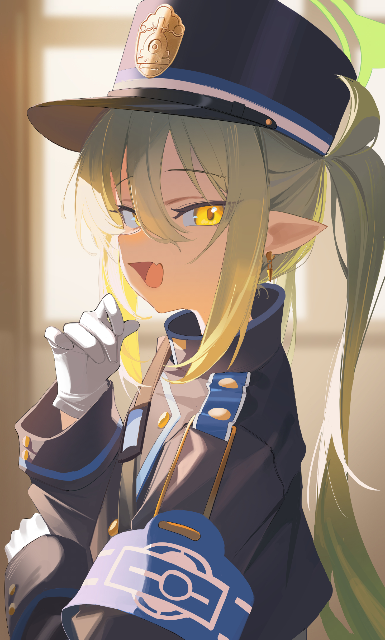 nozomi (blue archive), blue archive, absurdres, highres, 1girl, armband, black jacket, blue armband, blue hat, blurry, blurry background, buttoned cuffs, buttons, curled fingers, earrings, fang, from side, gloves, green hair, green halo, hair between eyes, halo, hand up, hat, jacket, jewelry, kbsank, long hair, long sleeves, looking at viewer, looking to the side, open mouth, peaked cap, pointy ears, profile, sidelocks, skin fang, solo, twintails, upper body, white gloves, yellow eyes