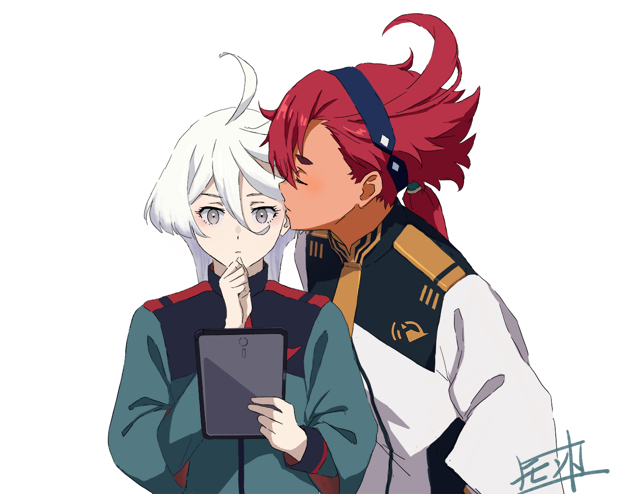 miorine rembran, suletta mercury, gundam, gundam suisei no majo, commentary request, 2girls, ahoge, asticassia school uniform, black hairband, closed mouth, green jacket, grey eyes, hairband, holding, holding tablet pc, jacket, kiss, kissing cheek, long hair, monto (user dmde2437), multiple girls, ponytail, red hair, school uniform, simple background, tablet pc, thick eyebrows, upper body, white background, white hair, white jacket, yuri