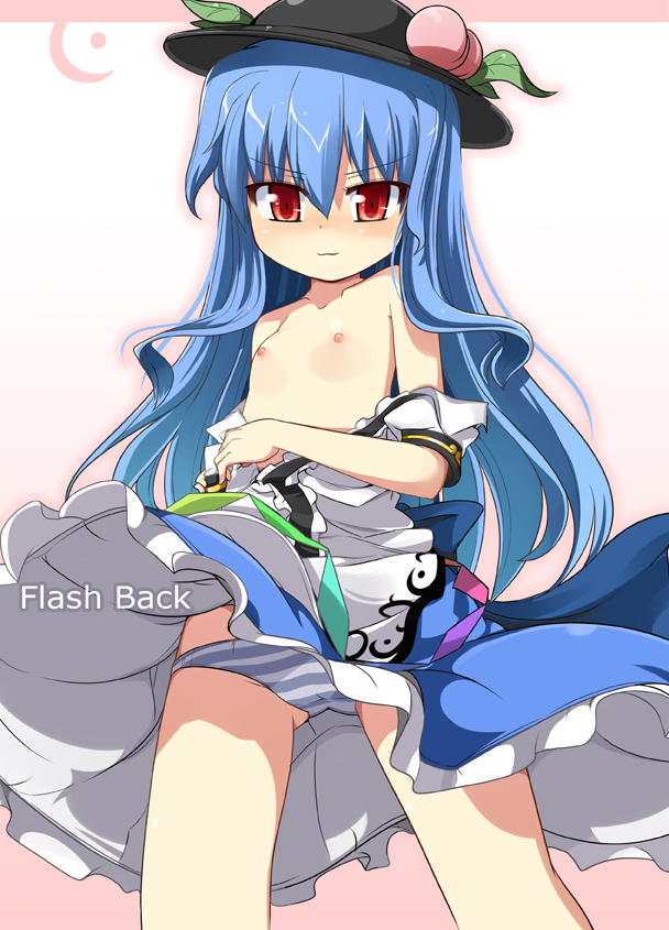 mamo williams, hinanawi tenshi, touhou, 1girl, blue hair, cover, cover page, female focus, flat chest, food, fruit, hat, loli, panties, pantyshot, peach, red eyes, solo, striped clothes, striped panties, topless female, underwear, upskirt
