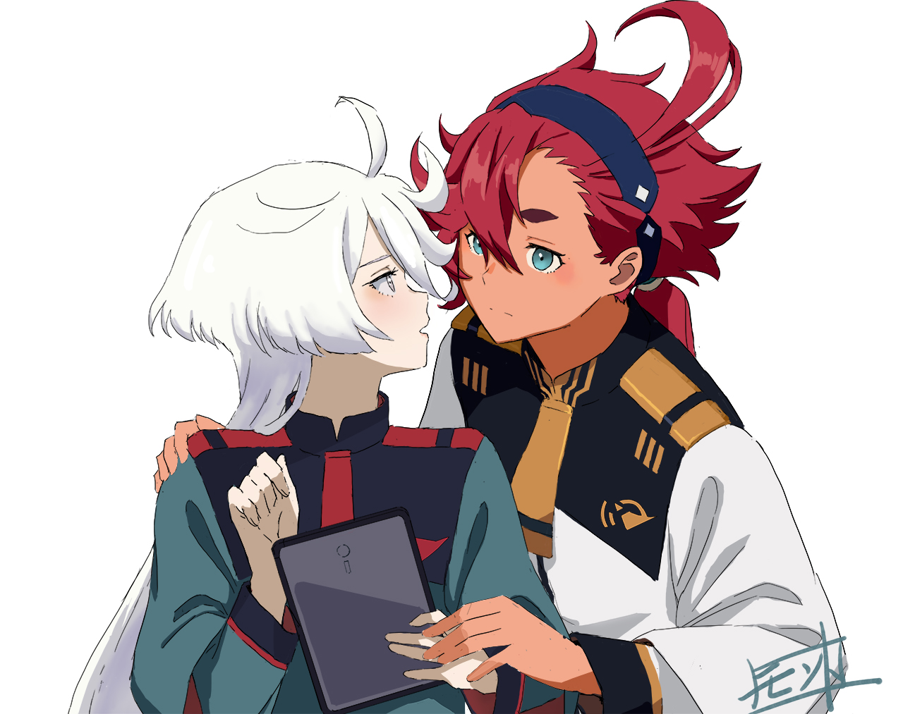 miorine rembran, suletta mercury, gundam, gundam suisei no majo, commentary request, 2girls, ahoge, asticassia school uniform, black hairband, blue eyes, closed mouth, green jacket, grey eyes, hairband, hand on another's shoulder, holding, holding hands, holding tablet pc, jacket, long hair, monto (user dmde2437), multiple girls, parted lips, ponytail, red hair, school uniform, simple background, tablet pc, thick eyebrows, upper body, white background, white hair, white jacket