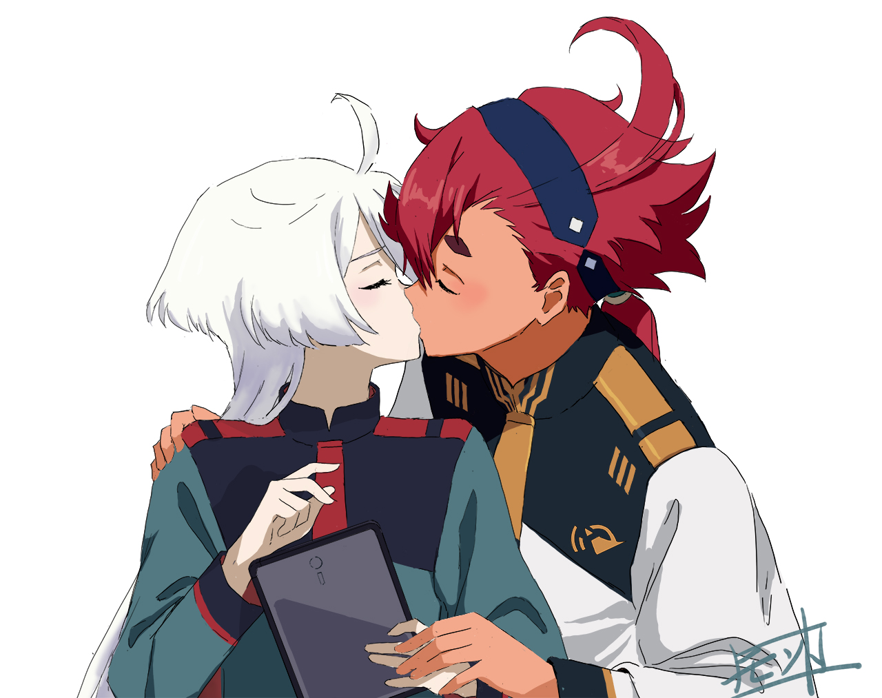 miorine rembran, suletta mercury, gundam, gundam suisei no majo, commentary request, 2girls, ahoge, asticassia school uniform, black hairband, blush, green jacket, hairband, hand on another's shoulder, holding, holding hands, holding tablet pc, jacket, kiss, long hair, monto (user dmde2437), multiple girls, ponytail, red hair, school uniform, simple background, tablet pc, thick eyebrows, upper body, white background, white hair, white jacket, yuri