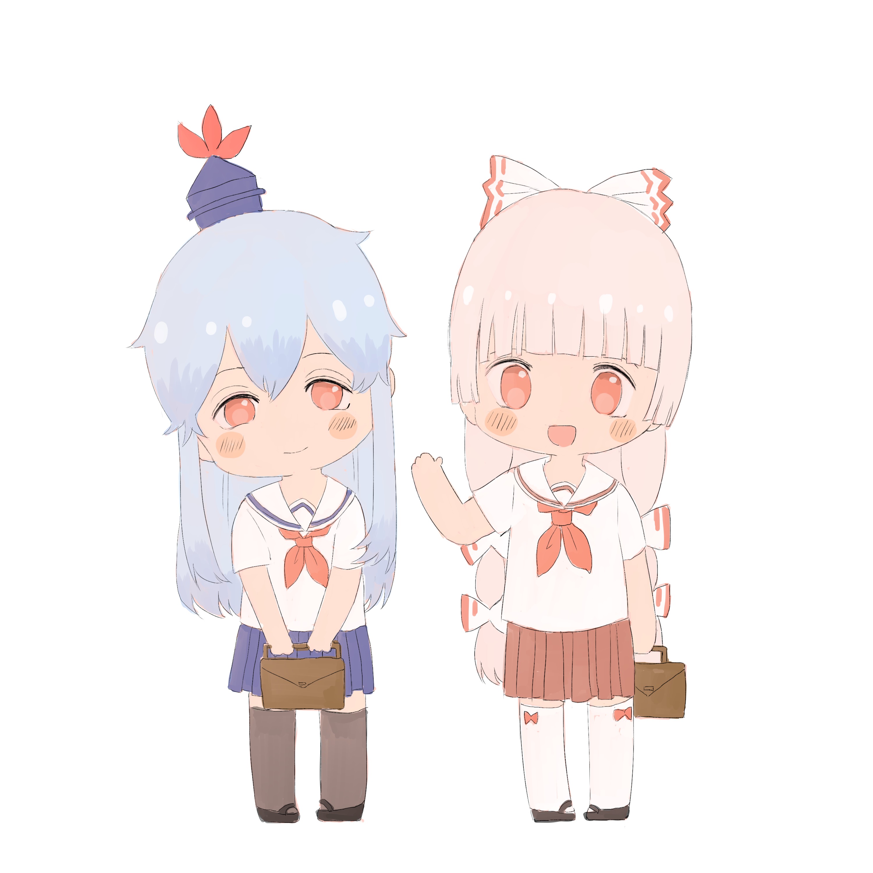 fujiwara no mokou, kamishirasawa keine, touhou, absurdres, chinese commentary, commentary request, highres, 2girls, alternate costume, bare arms, black shoes, blue hair, blue hat, blue skirt, bow, bow legwear, briefcase, chibi, closed mouth, grey thighhighs, hair between eyes, hair bow, happy, hat, head tilt, holding, holding briefcase, long hair, mary janes, miaoliang01075, mini hat, miniskirt, multi-tied hair, multiple girls, multiple hair bows, neckerchief, open mouth, pleated skirt, red bow, red eyes, red neckerchief, red skirt, ribbon-trimmed bow, ribbon trim, sailor collar, school uniform, serafuku, shirt, shoes, short sleeves, simple background, skirt, smile, standing, tareme, thighhighs, very long hair, waving, white background, white bow, white hair, white sailor collar, white shirt, white thighhighs, zettai ryouiki
