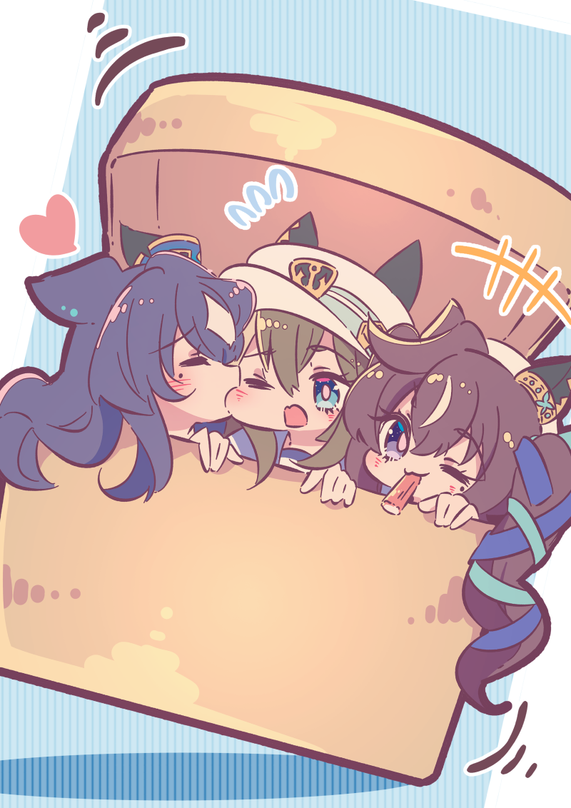 honkawa works, cheval grand (umamusume), verxina (umamusume), vivlos (umamusume), umamusume, commentary request, +++, 3girls, ;3, animal ears, aqua ribbon, biting, biting cheek, blue eyes, brown hair, closed mouth, ear covers, food in mouth, hair between eyes, hair ribbon, hat, heart, horse ears, horse girl, long hair, looking at viewer, multicolored hair, multiple girls, one eye closed, open mouth, purple eyes, ribbon, siblings, sisters, streaked hair, twintails, two-tone hair, v sisters, white hair, white hat