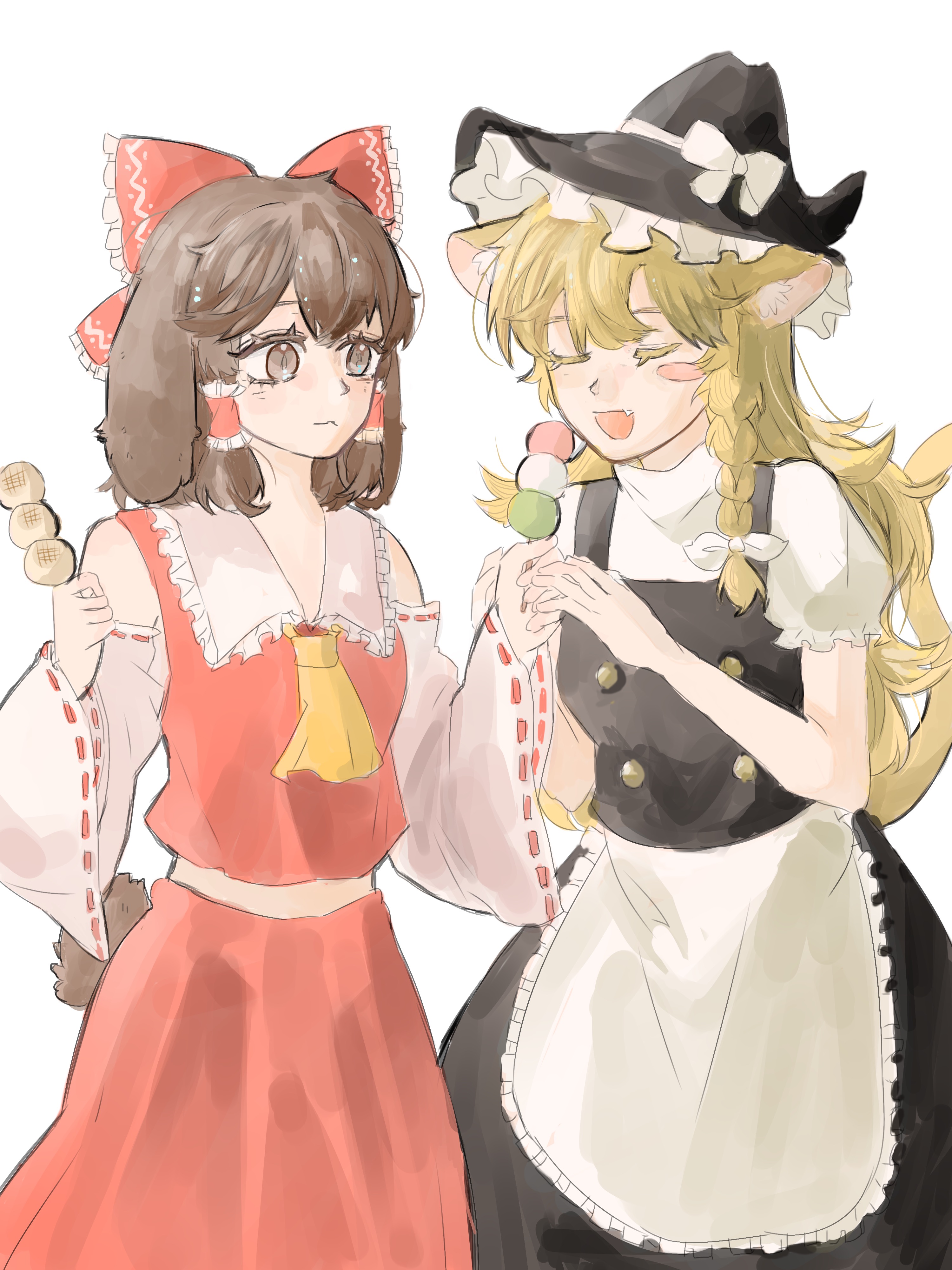 hakurei reimu, kirisame marisa, touhou, absurdres, chinese commentary, commentary request, highres, 2girls, :3, animal ear fluff, animal ears, apron, ascot, bare arms, bare shoulders, black hat, black skirt, black vest, blonde hair, blush stickers, bow, braid, brown eyes, brown hair, cat ears, cat girl, cat tail, closed eyes, closed mouth, collared shirt, colored eyelashes, cowboy shot, dango, dark skin, detached sleeves, ears down, feeding, food, frilled apron, frilled bow, frilled hair tubes, frilled headwear, frilled shirt collar, frilled sleeves, frills, gold buttons, hair bow, hair tubes, happy, hat, hat bow, kemonomimi mode, large bow, long hair, long sleeves, looking at another, lop rabbit ears, miaoliang01075, midriff, multiple girls, open mouth, pleated skirt, pointy nose, puffy short sleeves, puffy sleeves, rabbit ears, rabbit girl, rabbit tail, red bow, red skirt, red vest, ribbon-trimmed sleeves, ribbon trim, sanshoku dango, shirt, short sleeves, side braid, simple background, single blush sticker, single braid, skirt, skirt set, sleeveless, sleeveless shirt, smile, standing, tail, tsukimi dango, turtleneck, turtleneck shirt, very long hair, vest, wagashi, waist apron, wavy hair, white apron, white background, white bow, white shirt, white sleeves, wide sleeves, witch hat, yellow ascot, yuri