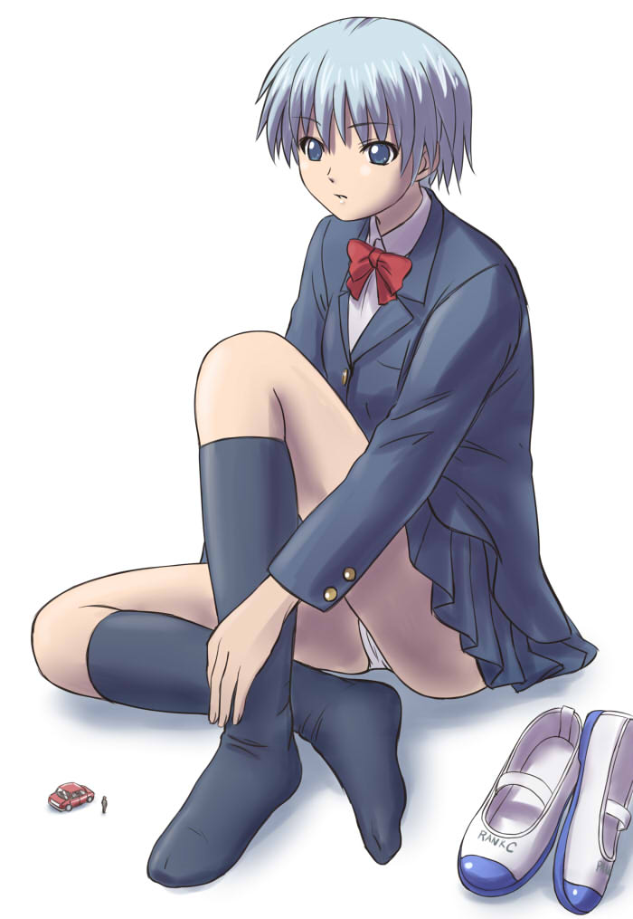 manzi, shrink academy, shukushou gakuen, syukusyou gakuen, 1girl, black socks, blazer, blue eyes, blue hair, car, feet, female focus, full body, giant, giantess, jacket, kneehighs, matching hair/eyes, miniskirt, motor vehicle, no shoes, panties, pantyshot, school uniform, shoes, short hair, simple background, sitting, skirt, socks, solo, solo focus, underwear, unworn shoes, uwabaki