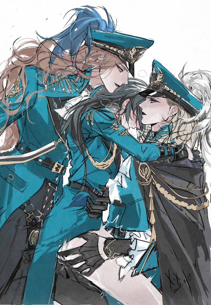 xwilson127, augustus (path to nowhere), chief (path to nowhere), female chief (path to nowhere), path to nowhere, commentary request, 3girls, blush, clothed sex, cowboy shot, dildo, fff threesome, group sex, looking at another, multiple girls, sex toy, strap-on, threesome, white background, yuri