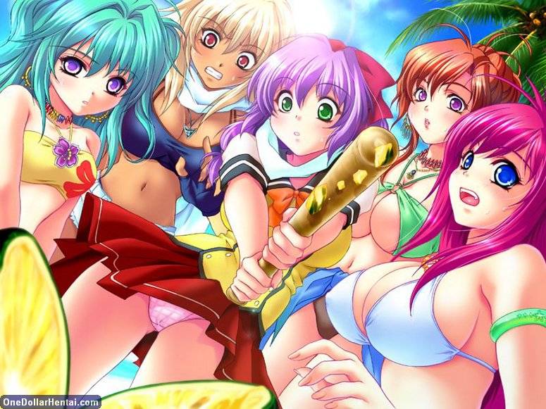 mochizuki nozomu, ayuka (nangoku sakunyuu island), hadori (nangoku sakunyuu island), hina (nangoku sakunyuu island), kagurazaka biki, nanami (nangoku sakunyuu island), mbs truth, nangoku sakunyuu island, game cg, jpeg artifacts, 5girls, antenna hair, aqua hair, bikini, blonde hair, blue eyes, blush, bow, breasts, brown hair, cleavage, clenched teeth, covered erect nipples, dark-skinned female, dark skin, dutch angle, earrings, fingerless gloves, flower, food, fruit, gloves, green eyes, hair bow, huge breasts, jewelry, long hair, melon, multiple girls, navel, necklace, open mouth, panties, pantyshot, pink hair, purple eyes, purple hair, red eyes, skirt, stick, swimsuit, teeth, underwear, watermark