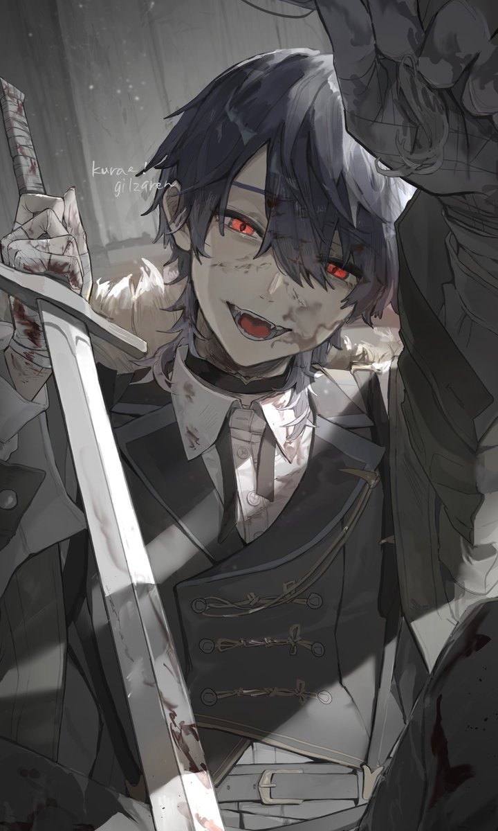 kenmochi touya, nijisanji, wolfism (vocaloid), commentary request, highres, 1boy, alternate costume, alternate eye color, alternate hairstyle, bandaged hand, bandages, belt, belt buckle, black belt, black choker, black cross tie, black pants, black vest, blood, blood in hair, blood on clothes, blood on face, blood on hands, bloody weapon, buckle, buttons, chest harness, choker, collared shirt, cross tie, double-breasted, dress shirt, fangs, foreshortening, fur-trimmed hood, fur trim, glowing, glowing eyes, grey jacket, hair between eyes, half-closed eyes, harness, head tilt, holding, holding sword, holding weapon, hood, jacket, lapels, light particles, long sleeves, looking at viewer, male focus, medium hair, notched lapels, open clothes, open jacket, open mouth, outstretched arm, pants, purple hair, raised inner eyebrows, reaching, reaching towards viewer, red eyes, sakasyoudon, severed hair, shirt, slit pupils, smile, solo, sword, undone cross tie, upper body, vest, virtual youtuber, waistcoat, weapon, wing collar, wolf cut