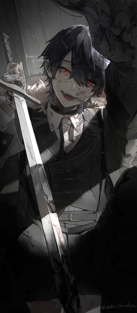 kenmochi touya, nijisanji, wolfism (vocaloid), commentary request, 1boy, alternate costume, alternate eye color, alternate hairstyle, bandaged hand, bandages, belt, belt buckle, black belt, black choker, black cross tie, black pants, black vest, blood, blood in hair, blood on clothes, blood on face, blood on hands, bloody weapon, buckle, buttons, chest harness, choker, coat, collared shirt, cross tie, double-breasted, dress shirt, fangs, foreshortening, from below, fur-trimmed coat, fur-trimmed hood, fur trim, glowing, glowing eyes, grey coat, hair between eyes, half-closed eyes, harness, head tilt, holding, holding sword, holding weapon, hood, lapels, light particles, long sleeves, looking at viewer, male focus, medium hair, multiple belts, notched lapels, open clothes, open coat, open mouth, outstretched arm, pants, purple hair, raised inner eyebrows, reaching, reaching towards viewer, red eyes, sakasyoudon, severed hair, shadow, shirt, signature, sitting, slit pupils, smile, solo, spread legs, sword, twitter username, undone cross tie, vest, virtual youtuber, waistcoat, weapon, wing collar, wolf cut