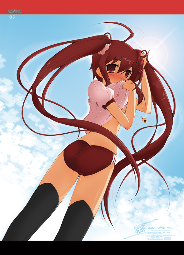 kagura takeshi, alastor (shakugan no shana), shana, shakugan no shana, 00s, 1girl, ass, buruma, clothes lift, female focus, from below, gym uniform, jewelry, long hair, looking back, necklace, pendant, red eyes, red hair, shirt lift, solo, thighhighs, twintails